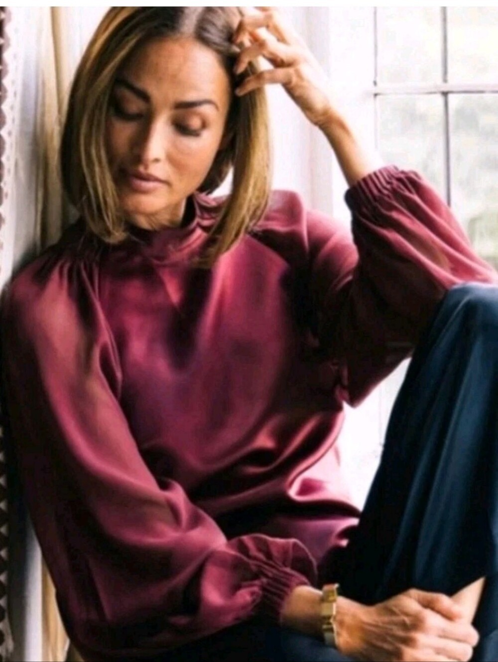 Day Birger Et Mikkelsen Burgundy Satin Sheer Sleeve Blouse Top 185.00